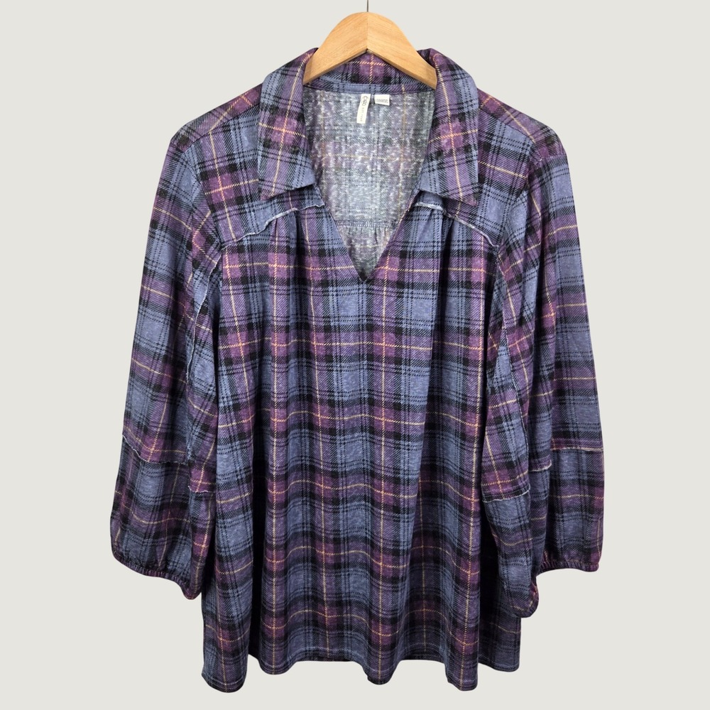 Cato Plaid Top Women 22/24W Purple Blue 3/4 Sleeve Knit Tunic Plus Size Casual